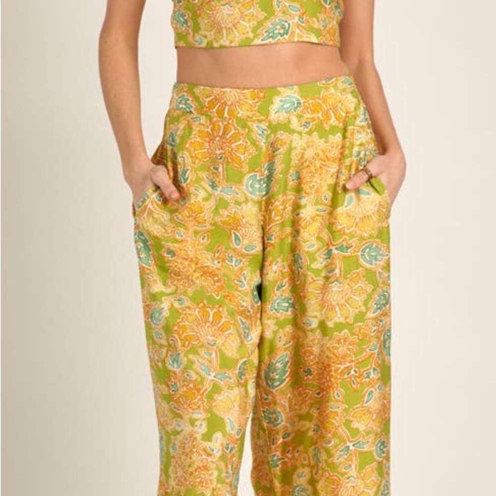 En Creme Floral Wide Leg Pants - Yellow and Green